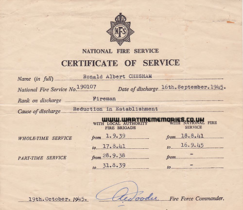 Ronald Chesham, National Fire Service Certificate